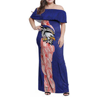 American Samoa Flag Day Family Matching Off Shoulder Maxi Dress and Hawaiian Shirt Tribal Tattoo with Eagle Blue-Red
