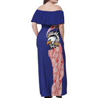 American Samoa Flag Day Family Matching Off Shoulder Maxi Dress and Hawaiian Shirt Tribal Tattoo with Eagle Blue-Red