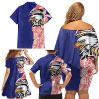 American Samoa Flag Day Family Matching Off Shoulder Short Dress and Hawaiian Shirt Tribal Tattoo with Eagle Blue-Red