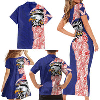 American Samoa Flag Day Family Matching Short Sleeve Bodycon Dress and Hawaiian Shirt Tribal Tattoo with Eagle Blue-Red LT03 - Polynesian Pride
