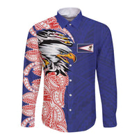 American Samoa Flag Day Long Sleeve Button Shirt Tribal Tattoo with Eagle Blue-Red