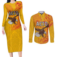 Personalised American Samoa Flag Day Couples Matching Long Sleeve Bodycon Dress and Long Sleeve Button Shirt Fautasi Race Pago Pago-Aeto Eagle Wings Tribal Style LT03 Multicolor - Polynesian Pride