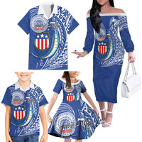 Personalised American Samoa Flag Day Family Matching Off The Shoulder Long Sleeve Dress and Hawaiian Shirt Fautasi Race Fagatogo-Iseula O Le Moana Sailfish Tribal Style LT03 - Polynesian Pride