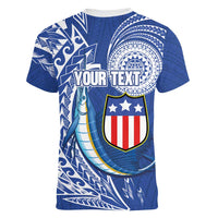 Personalised American Samoa Flag Day Women V-Neck T-Shirt Fautasi Race Fagatogo-Iseula O Le Moana Sailfish Tribal Style LT03 - Polynesian Pride