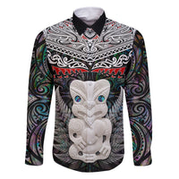 New Zealand Hei Tiki Family Matching Off Shoulder Maxi Dress and Hawaiian Shirt Maori Green Papua Shell Pattern LT03 Dad's Shirt - Long Sleeve Green - Polynesian Pride