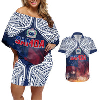 Samoa Indenpendence Day Couples Matching Off Shoulder Short Dress and Hawaiian Shirt Sky Fireworks with Flag Style LT03 Black - Polynesian Pride