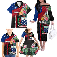Personalised Samoa Indenpendence Day Family Matching Off Shoulder Long Sleeve Dress and Hawaiian Shirt Tropical Samoan Coat of Arms With Siapo Pattern LT03 - Polynesian Pride