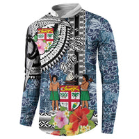 Fiji Day Button Sweatshirt Traditional Tapa with Hibiscus and Emblems
