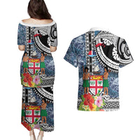 Fiji Day Couples Matching Puletasi and Hawaiian Shirt Traditional Tapa with Hibiscus and Emblems