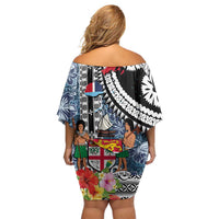 Fiji Day Family Matching Off Shoulder Short Dress and Hawaiian Shirt Traditional Tapa with Hibiscus and Emblems