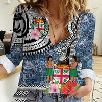 Fiji Day Women Casual Shirt Traditional Tapa with Hibiscus and Emblems