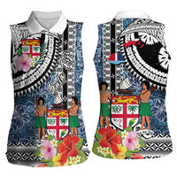 Fiji Day Women Sleeveless Polo Shirt Traditional Tapa with Hibiscus and Emblems