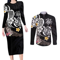 Hawaiian Tropical Plumeria Turtles Couples Matching Long Sleeve Bodycon Dress and Long Sleeve Button Shirt Polynesian Art Tattoo LT03 No Dress - Polynesian Pride
