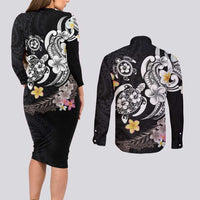 Hawaiian Tropical Plumeria Turtles Couples Matching Long Sleeve Bodycon Dress and Long Sleeve Button Shirt Polynesian Art Tattoo LT03 - Polynesian Pride