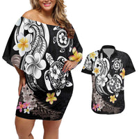 Hawaiian Tropical Plumeria Turtles Couples Matching Off Shoulder Short Dress and Hawaiian Shirt Polynesian Art Tattoo LT03 No Dress - Polynesian Pride