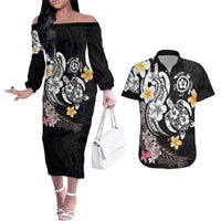 Hawaiian Tropical Plumeria Turtles Couples Matching Off The Shoulder Long Sleeve Dress and Hawaiian Shirt Polynesian Art Tattoo LT03 No Dress - Polynesian Pride