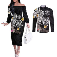 Hawaiian Tropical Plumeria Turtles Couples Matching Off The Shoulder Long Sleeve Dress and Long Sleeve Button Shirt Polynesian Art Tattoo LT03 No Dress - Polynesian Pride