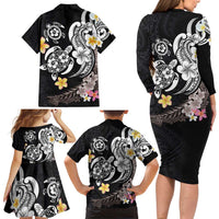 Hawaiian Tropical Plumeria Turtles Family Matching Long Sleeve Bodycon Dress and Hawaiian Shirt Polynesian Art Tattoo LT03 - Polynesian Pride