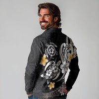 Hawaiian Tropical Plumeria Turtles Long Sleeve Polo Shirt Polynesian Art Tattoo