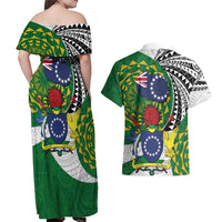Cook Islands Independence Day Couples Matching Off Shoulder Maxi Dress and Hawaiian Shirt National Flag and Emblem with Tatau Tattoo LT03 - Polynesian Pride