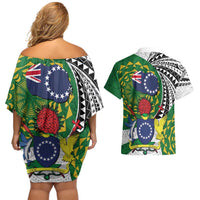 Cook Islands Independence Day Couples Matching Off Shoulder Short Dress and Hawaiian Shirt National Flag and Emblem with Tatau Tattoo LT03 - Polynesian Pride