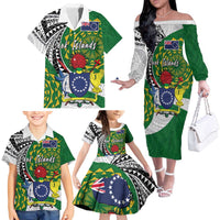 Cook Islands Independence Day Family Matching Off The Shoulder Long Sleeve Dress and Hawaiian Shirt National Flag and Emblem with Tatau Tattoo LT03 - Polynesian Pride