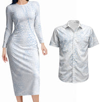 Hawaiian Turtles and Leis Couples Matching Long Sleeve Bodycon Dress and Hawaiian Shirt Tribal Kakau Pattern Airy White Blue Cloud Vibe LT03 White - Polynesian Pride