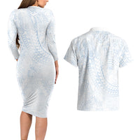 Hawaiian Turtles and Leis Couples Matching Long Sleeve Bodycon Dress and Hawaiian Shirt Tribal Kakau Pattern Airy White Blue Cloud Vibe LT03 - Polynesian Pride