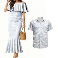 Hawaiian Turtles and Leis Couples Matching Mermaid Dress and Hawaiian Shirt Tribal Kakau Pattern Airy White Blue Cloud Vibe LT03 White - Polynesian Pride