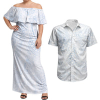 Hawaiian Turtles and Leis Couples Matching Off Shoulder Maxi Dress and Hawaiian Shirt Tribal Kakau Pattern Airy White Blue Cloud Vibe LT03 White - Polynesian Pride
