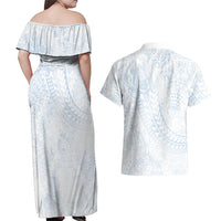 Hawaiian Turtles and Leis Couples Matching Off Shoulder Maxi Dress and Hawaiian Shirt Tribal Kakau Pattern Airy White Blue Cloud Vibe LT03 - Polynesian Pride
