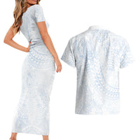 Hawaiian Turtles and Leis Couples Matching Short Sleeve Bodycon Dress and Hawaiian Shirt Tribal Kakau Pattern Airy White Blue Cloud Vibe LT03 - Polynesian Pride