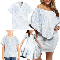 Hawaiian Turtles and Leis Family Matching Off Shoulder Short Dress and Hawaiian Shirt Tribal Kakau Pattern Airy White Blue Cloud Vibe