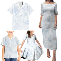 Hawaiian Turtles and Leis Family Matching Puletasi and Hawaiian Shirt Tribal Kakau Pattern Airy White Blue Cloud Vibe LT03 - Polynesian Pride