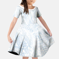 Hawaiian Turtles and Leis Family Matching Summer Maxi Dress and Hawaiian Shirt Tribal Kakau Pattern Airy White Blue Cloud Vibe