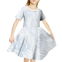 Hawaiian Turtles and Leis Kid Short Sleeve Dress Tribal Kakau Pattern Airy White Blue Cloud Vibe