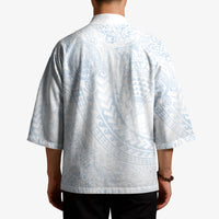 Hawaiian Turtles and Leis Kimono Tribal Kakau Pattern Airy White Blue Cloud Vibe