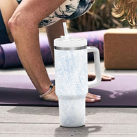 Hawaiian Turtles and Leis Tumbler With Handle Tribal Kakau Pattern Airy White Blue Cloud Vibe