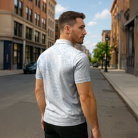 Hawaiian Turtles and Leis Zipper Polo Shirt Tribal Kakau Pattern Airy White Blue Cloud Vibe LT03 - Polynesian Pride