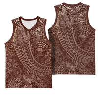 Hawaiian Turtles and Leis Basketball Jersey Tribal Kakau Pattern Mocha Mousse Color
