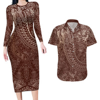 Hawaiian Turtles and Leis Couples Matching Long Sleeve Bodycon Dress and Hawaiian Shirt Tribal Kakau Pattern Mocha Mousse Color LT03 Mocha Mousse - Polynesian Pride