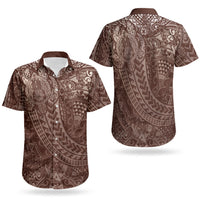 Hawaiian Turtles and Leis Couples Matching Long Sleeve Bodycon Dress and Hawaiian Shirt Tribal Kakau Pattern Mocha Mousse Color LT03 - Polynesian Pride