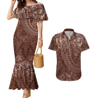 Hawaiian Turtles and Leis Couples Matching Mermaid Dress and Hawaiian Shirt Tribal Kakau Pattern Mocha Mousse Color LT03 Mocha Mousse - Polynesian Pride
