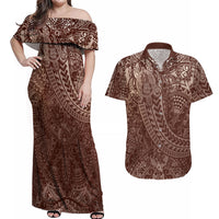 Hawaiian Turtles and Leis Couples Matching Off Shoulder Maxi Dress and Hawaiian Shirt Tribal Kakau Pattern Mocha Mousse Color LT03 Mocha Mousse - Polynesian Pride