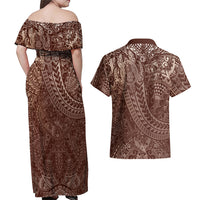 Hawaiian Turtles and Leis Couples Matching Off Shoulder Maxi Dress and Hawaiian Shirt Tribal Kakau Pattern Mocha Mousse Color LT03 - Polynesian Pride