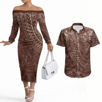 Hawaiian Turtles and Leis Couples Matching Off The Shoulder Long Sleeve Dress and Hawaiian Shirt Tribal Kakau Pattern Mocha Mousse Color LT03 Mocha Mousse - Polynesian Pride