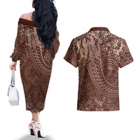 Hawaiian Turtles and Leis Couples Matching Off The Shoulder Long Sleeve Dress and Hawaiian Shirt Tribal Kakau Pattern Mocha Mousse Color