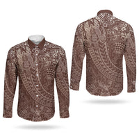 Hawaiian Turtles and Leis Couples Matching Off The Shoulder Long Sleeve Dress and Long Sleeve Button Shirt Tribal Kakau Pattern Mocha Mousse Color LT03 - Polynesian Pride