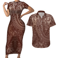 Hawaiian Turtles and Leis Couples Matching Short Sleeve Bodycon Dress and Hawaiian Shirt Tribal Kakau Pattern Mocha Mousse Color LT03 Mocha Mousse - Polynesian Pride