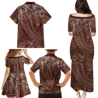 Hawaiian Turtles and Leis Family Matching Puletasi and Hawaiian Shirt Tribal Kakau Pattern Mocha Mousse Color LT03 Mom's Dress Mocha Mousse - Polynesian Pride
